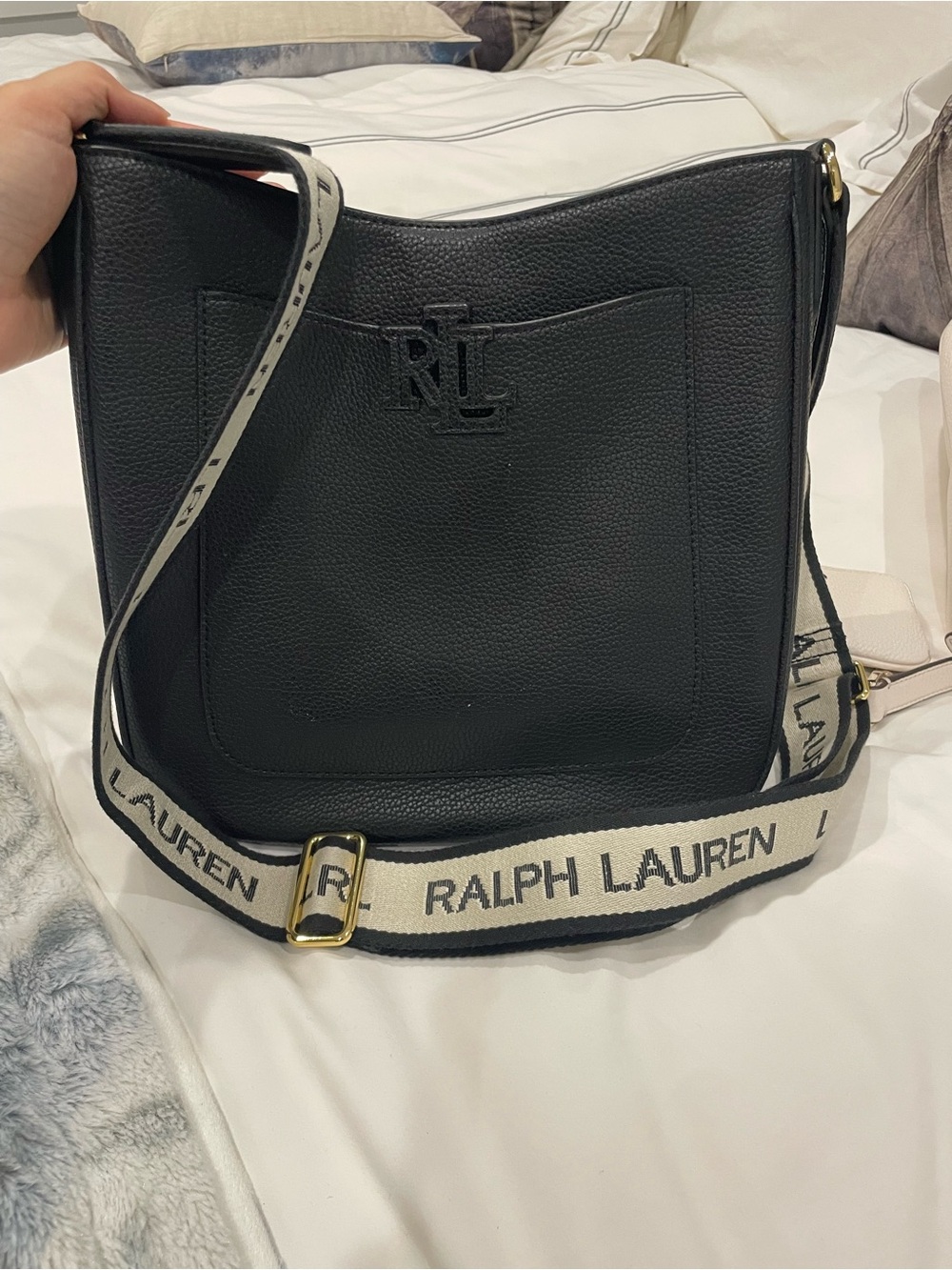 Ralph Lauren Black Pebbled Leather Shoulder Bag with Cream Logo Strap